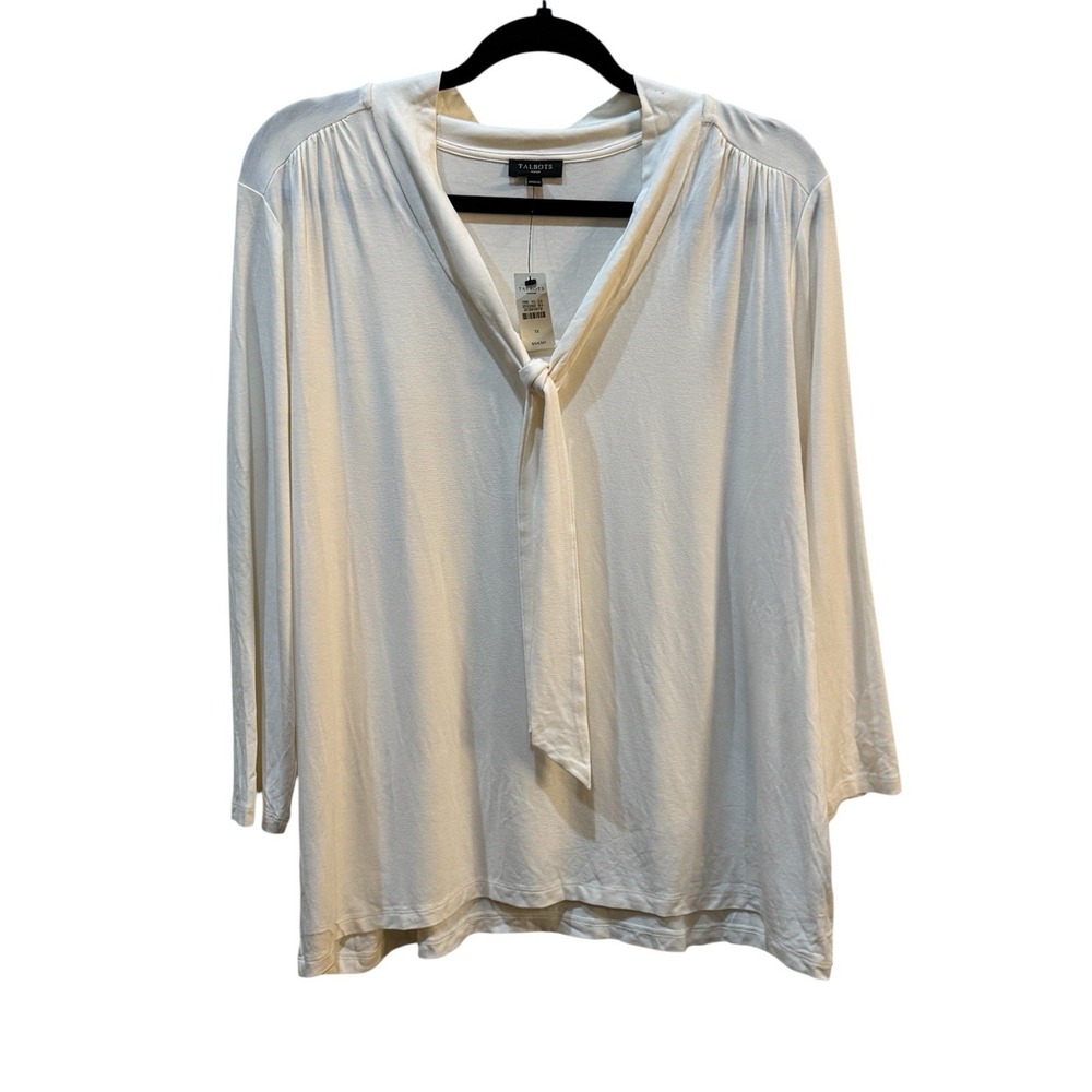 TALBOTS Women Thin Lite Blouse w/ Neck Tie Ivory Size 1X Academia Career Capsule